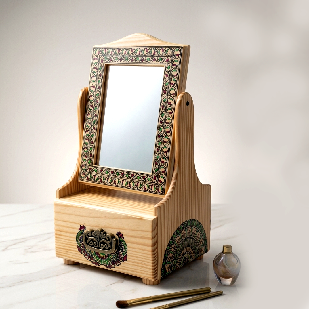 Wooden 1 Drawer Compact Decorative Standing Mirror