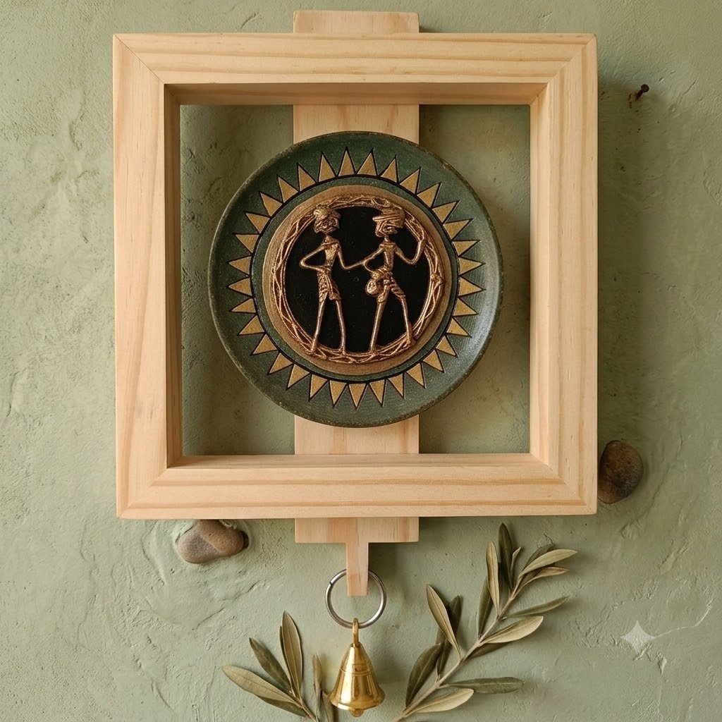 Hand-Painted Wall Hanging in Wood & Brass Tribal Art