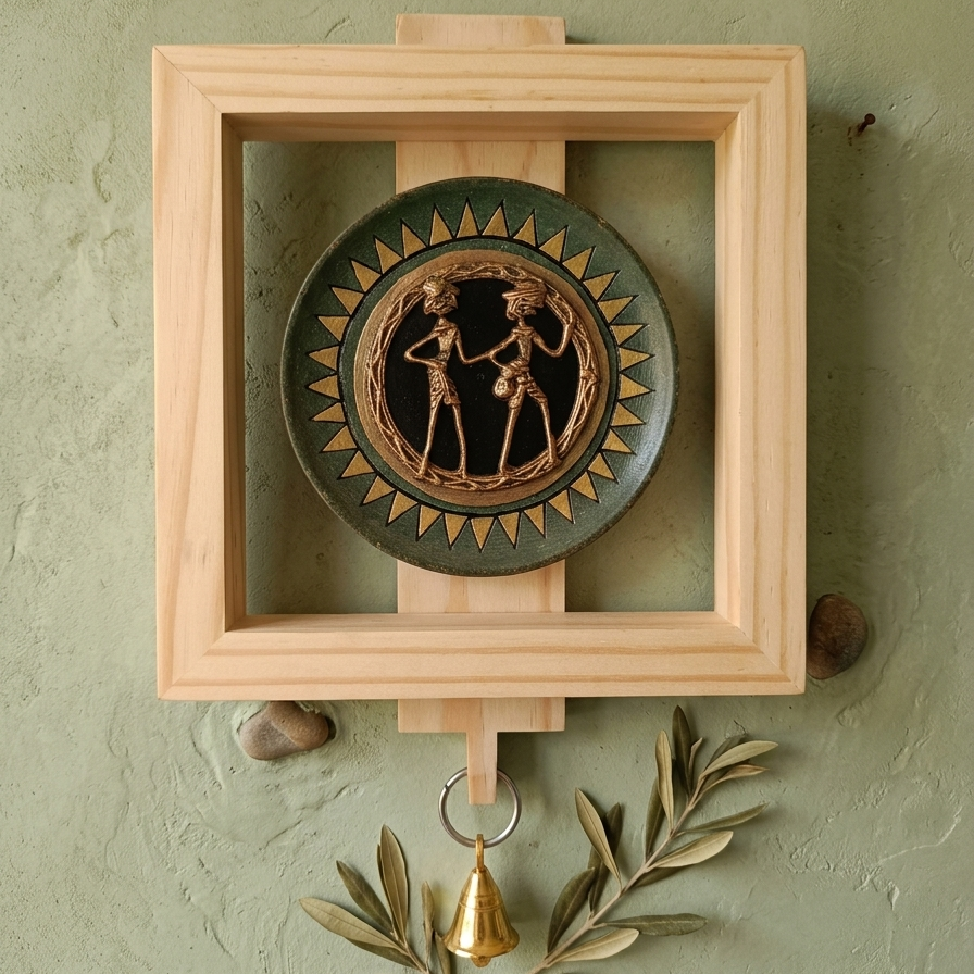 Hand-Painted Wall Hanging in Wood & Brass Tribal Art