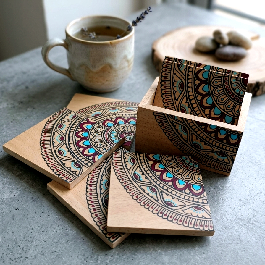 Pine Wood Coasters Set of 6 with Wood Stand (Simple Square)